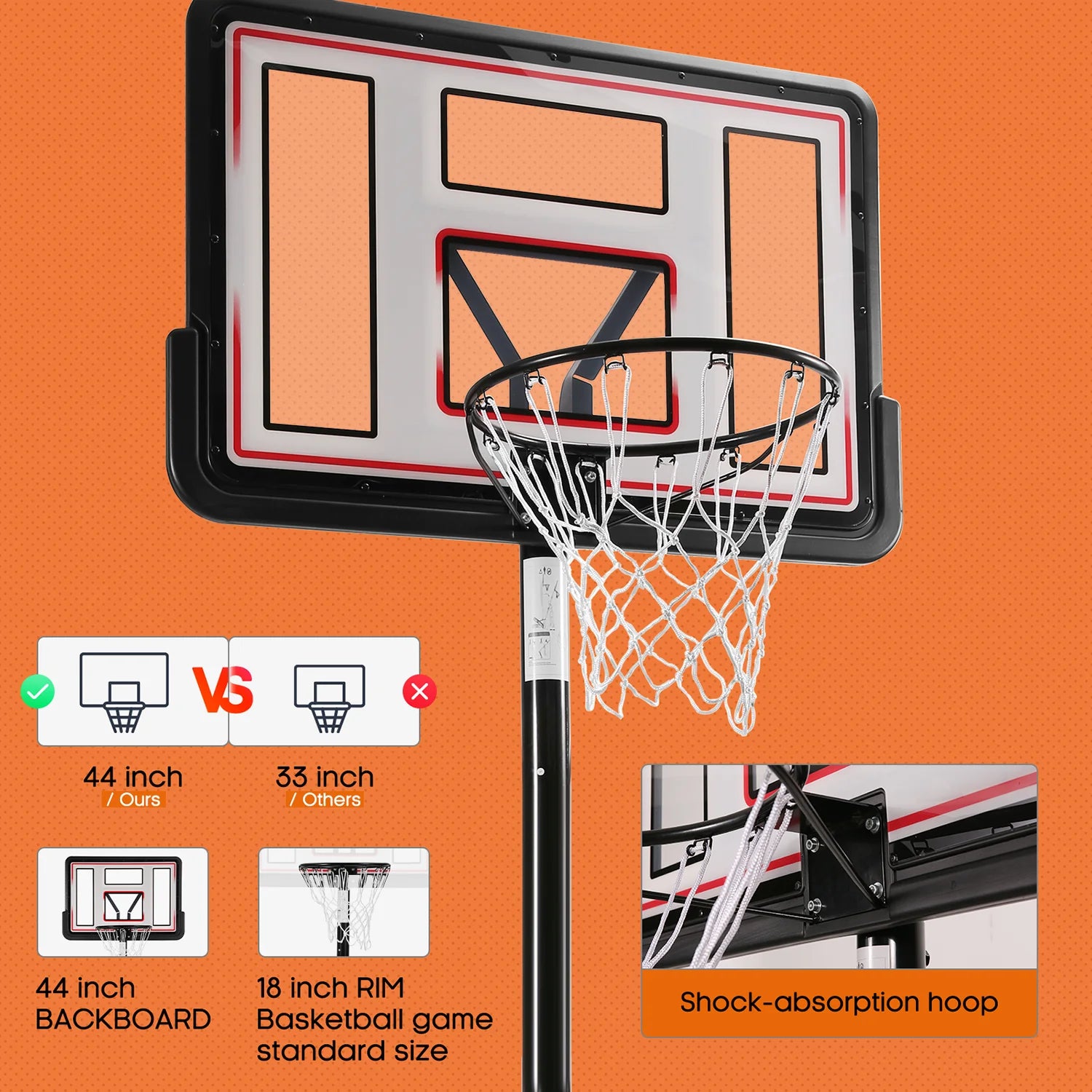 44In Portable Basketball Hoop with Height Adjustable 6.56Ft to 10Ft Basketball Goals for Younger People Indoor Outdoor(With Free Basketabll)